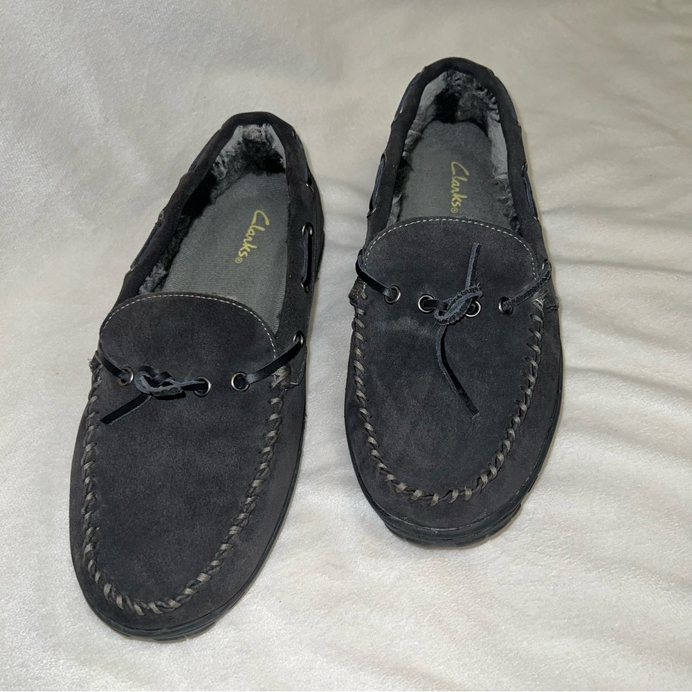 Clarks Moccasin Gray Men's Size 9 Upper Leather Slip On  Fur Lined Suede - Picture 3 of 11